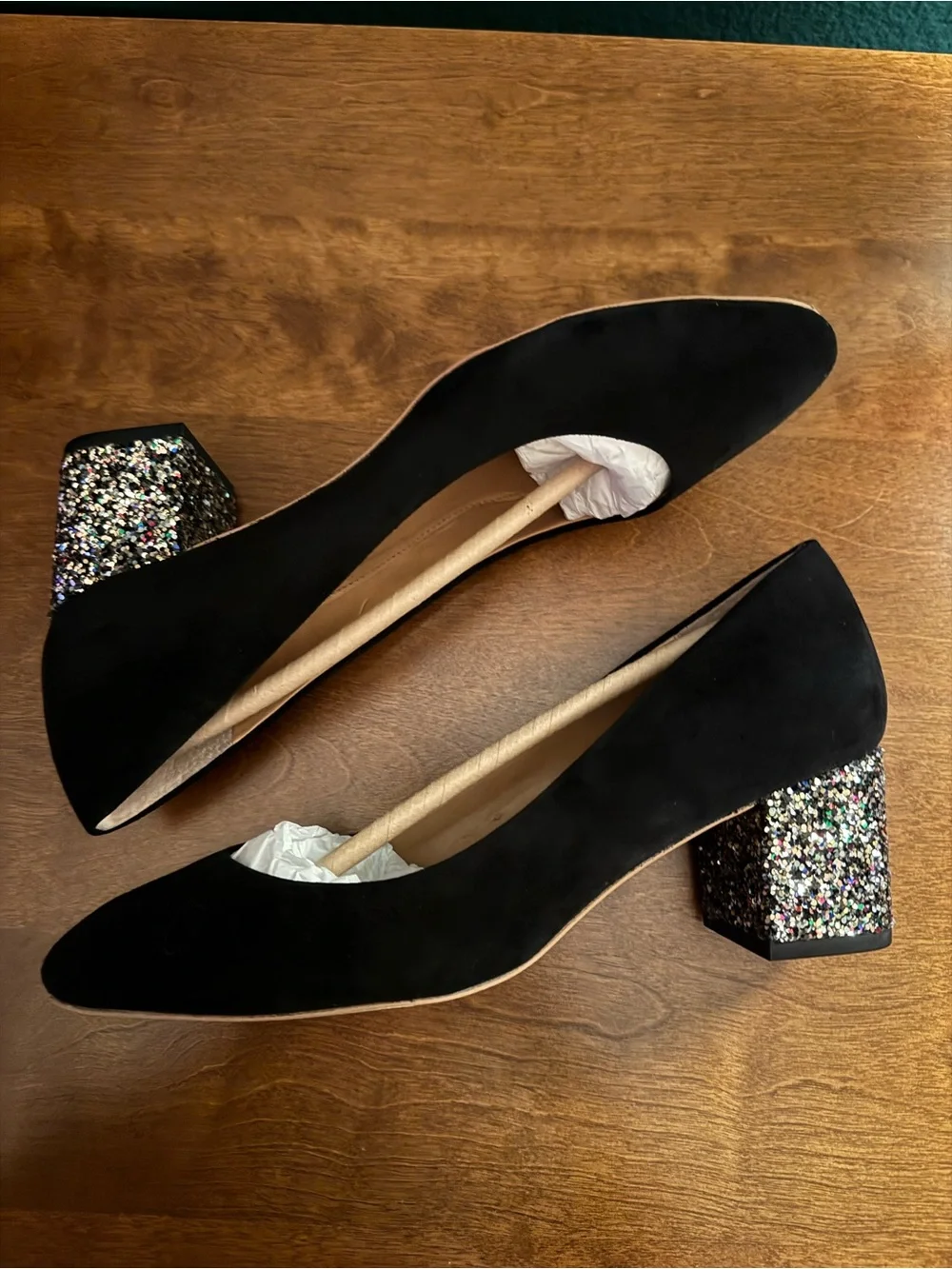 J. Crew Black Suede Pumps with Glitter Block Heel